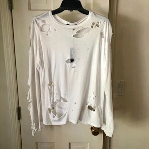 White Long Sleeve Distressed Tee Shirt